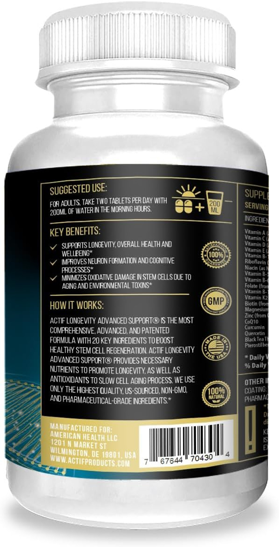 Actif Longevity Advanced Support With 20 Factors - Non-Gmo, 2 Month Supply, Made In Usa