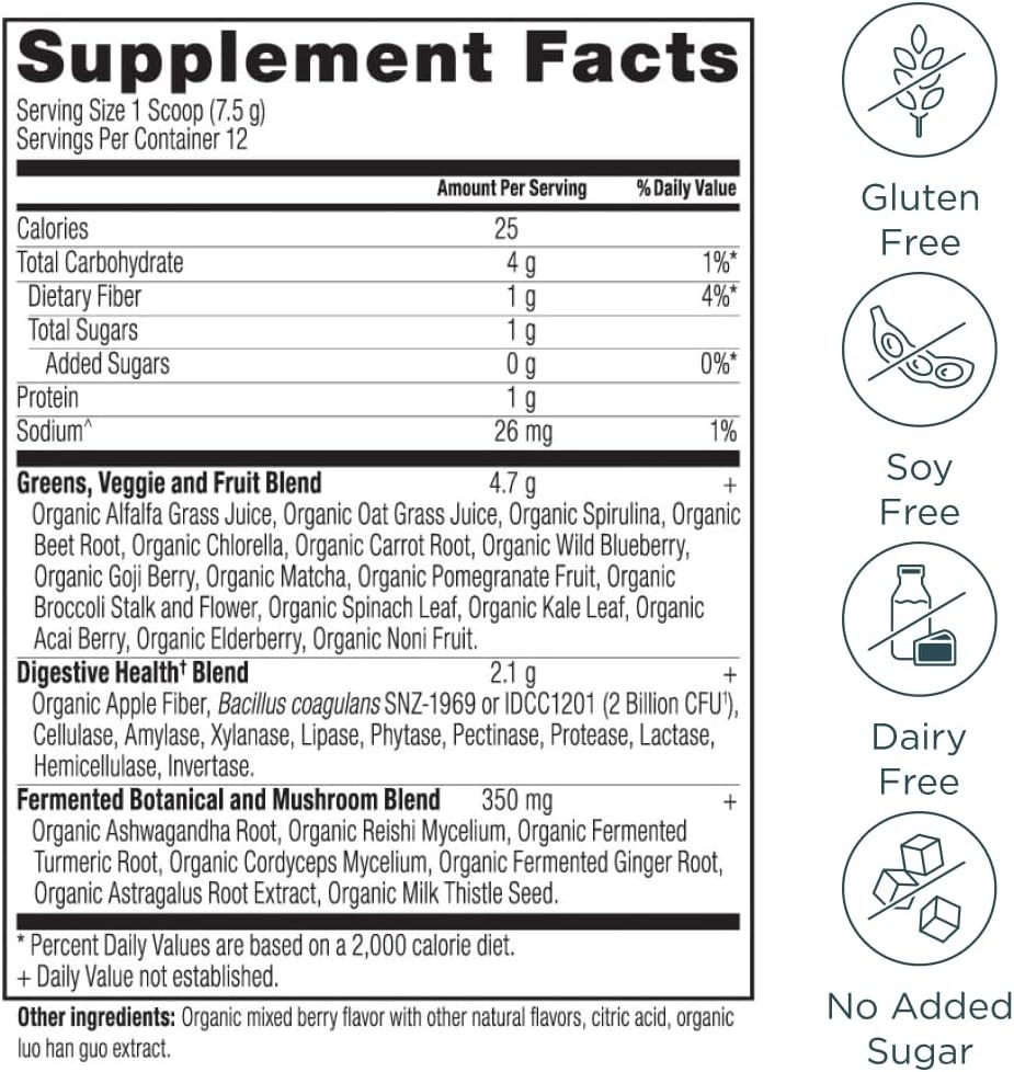 Ancient Nutrition Supergreens Powder With Probiotics, Organic Berry Flavor Greens, Made From Real Fruits, Vegetables And Herbs, Digestive And Energy Support, 12 Servings, 3.2Oz