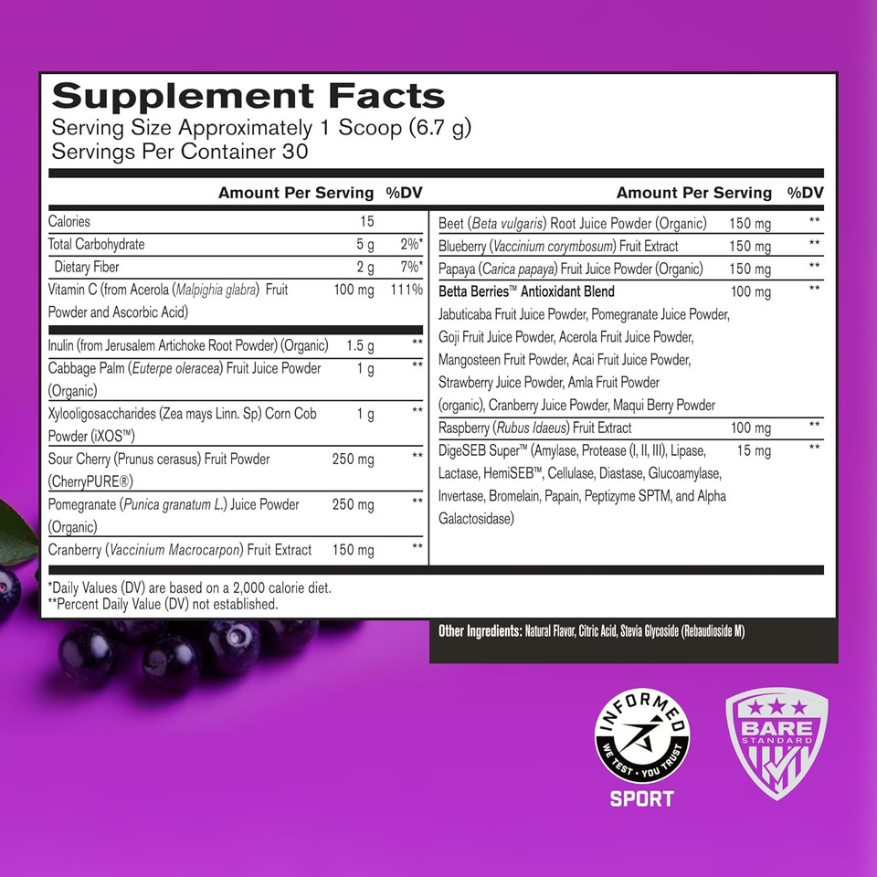 Bare Performance Nutrition, Bpn Strong Reds Superfood Powder, Digestive Enzymes, Antioxidants, Improved Natural Energy, 30 Servings, Acai