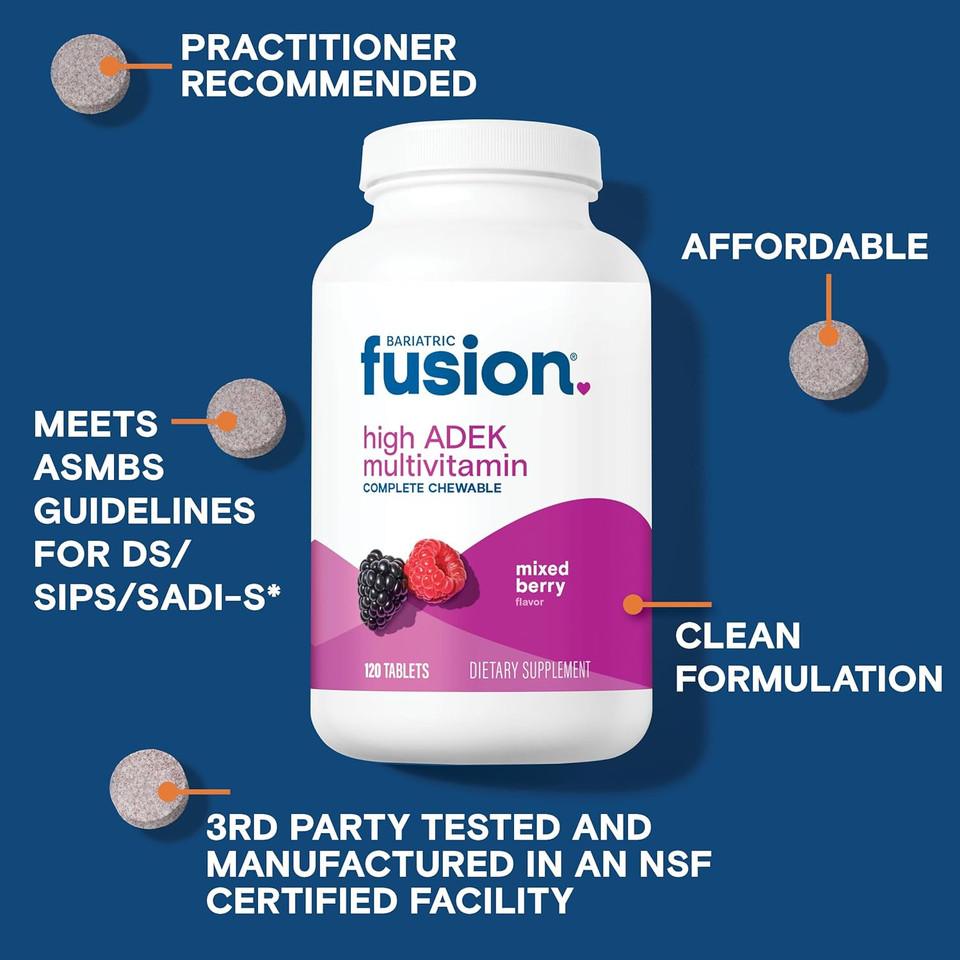 Bariatric Fusion Chewable Multivitamin With High Adek Vitamins | Multi For Duodenal Switch Patients | Mixed Berry Flavored Tablets | With Iron And Calcium | One Month Supply