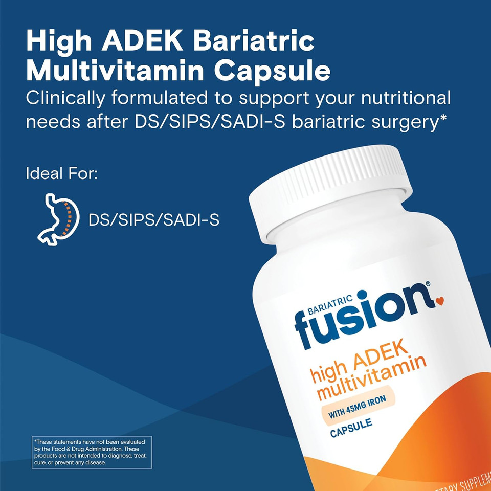 Bariatric Fusion High Adek Multivitamin With Iron | Bariatric Multivitamin For Duodenal Switch | Easy To Swallow Adek Vitamins Bariatric | 90 Capsules | One Month Supply