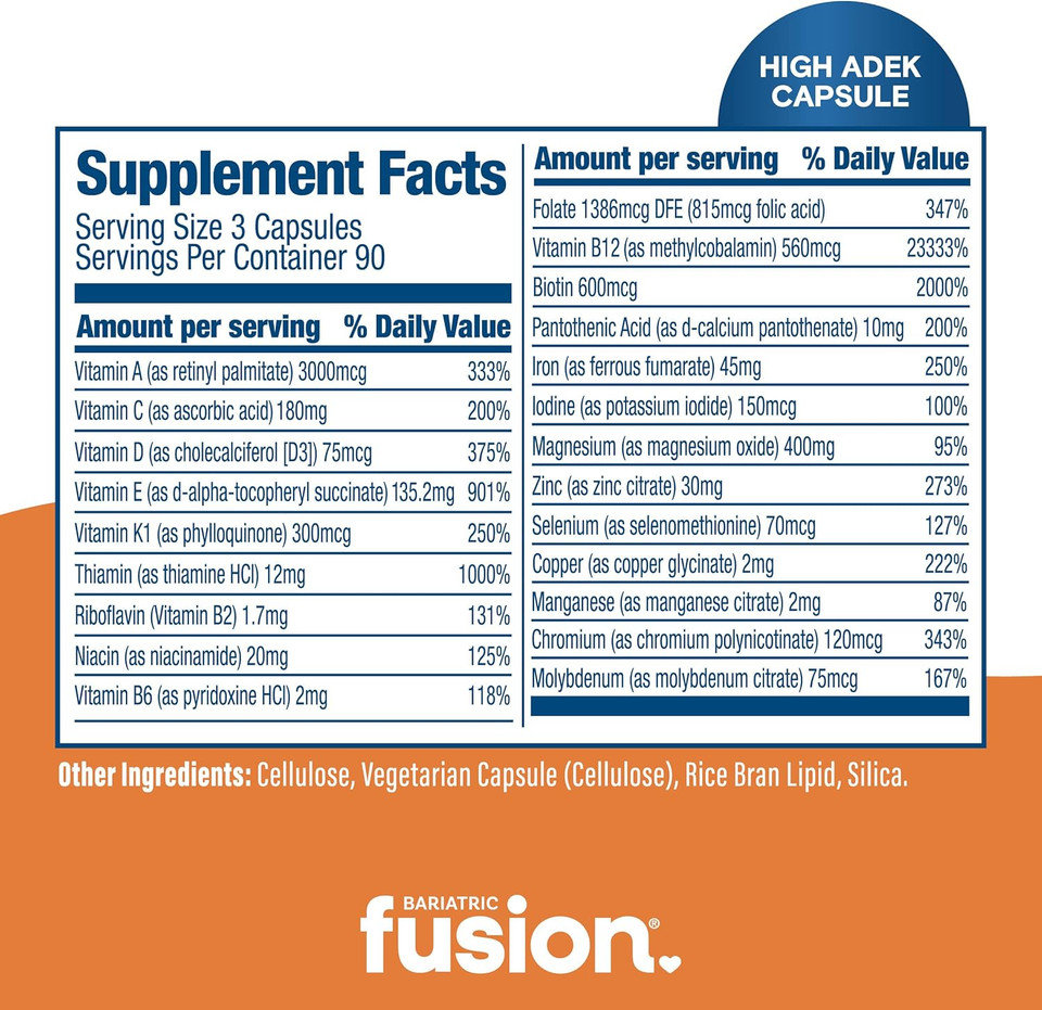 Bariatric Fusion High Adek Multivitamin With Iron | Bariatric Multivitamin For Duodenal Switch | Easy To Swallow Adek Vitamins Bariatric | 270 Capsules | Three Month Supply