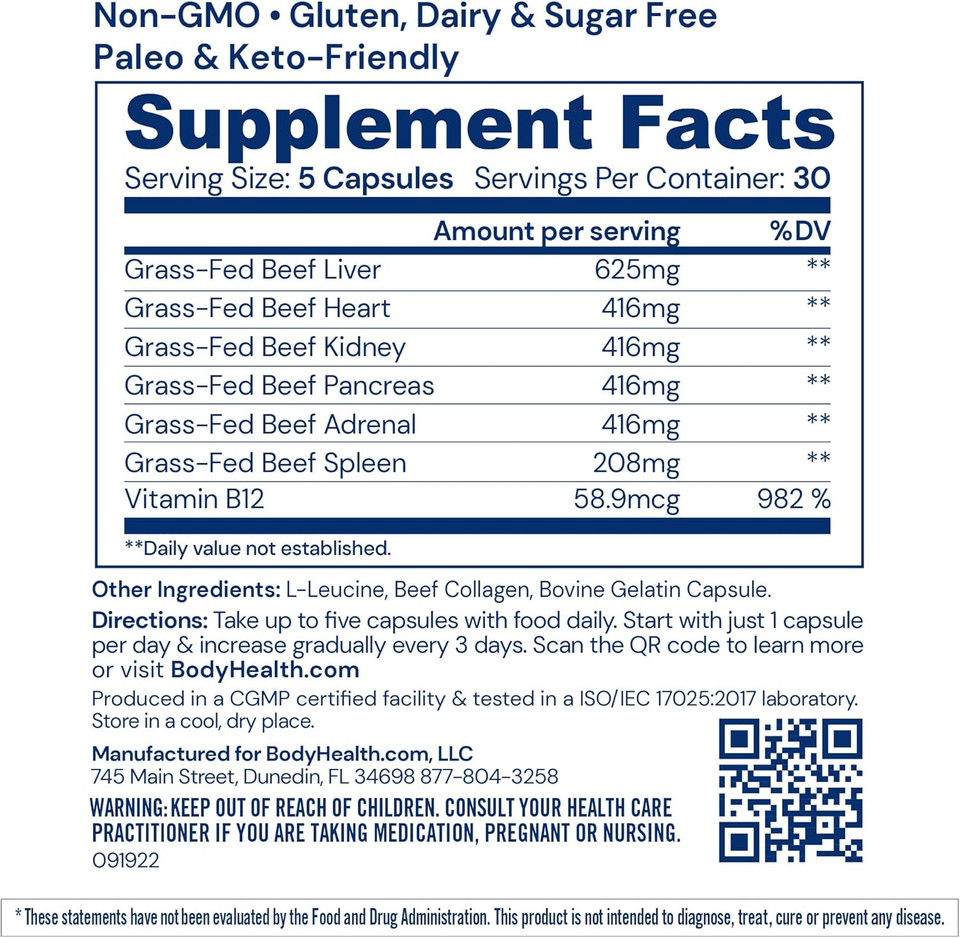 Bodyhealth Organ+ Grass-Fed Glandular Organ Complex, Grassfed Beef Organ Supplement, Dessicated Beef Liver, Heart, Kidney, Pancreas, Spleen, Non Gmo, Adrenal, Supplement, (150 Capsules)