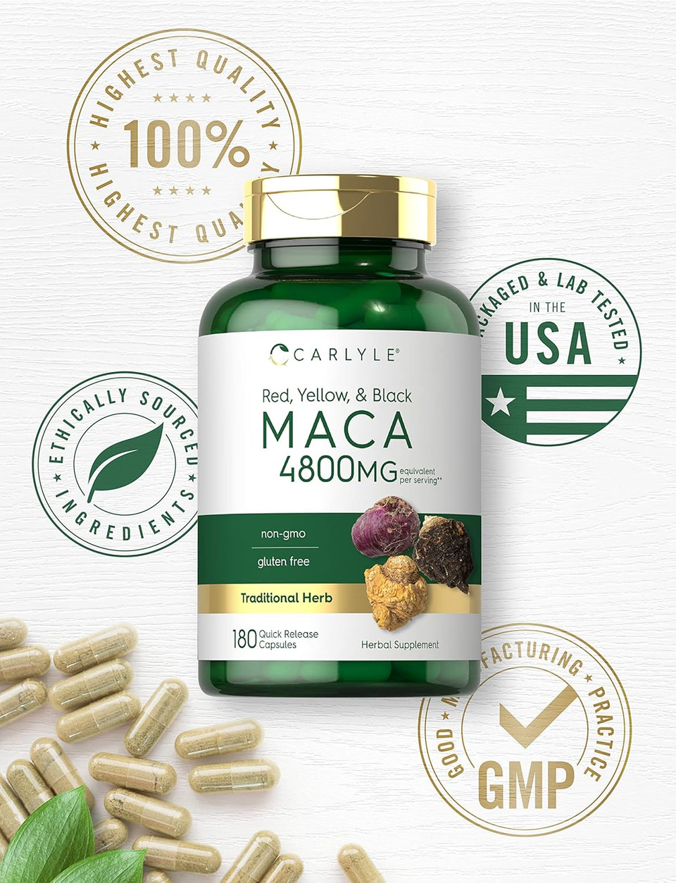 Carlyle Maca Root Capsules | 4800Mg | 180 Count | High Potency Extract | Non-Gmo And Gluten Free Formula