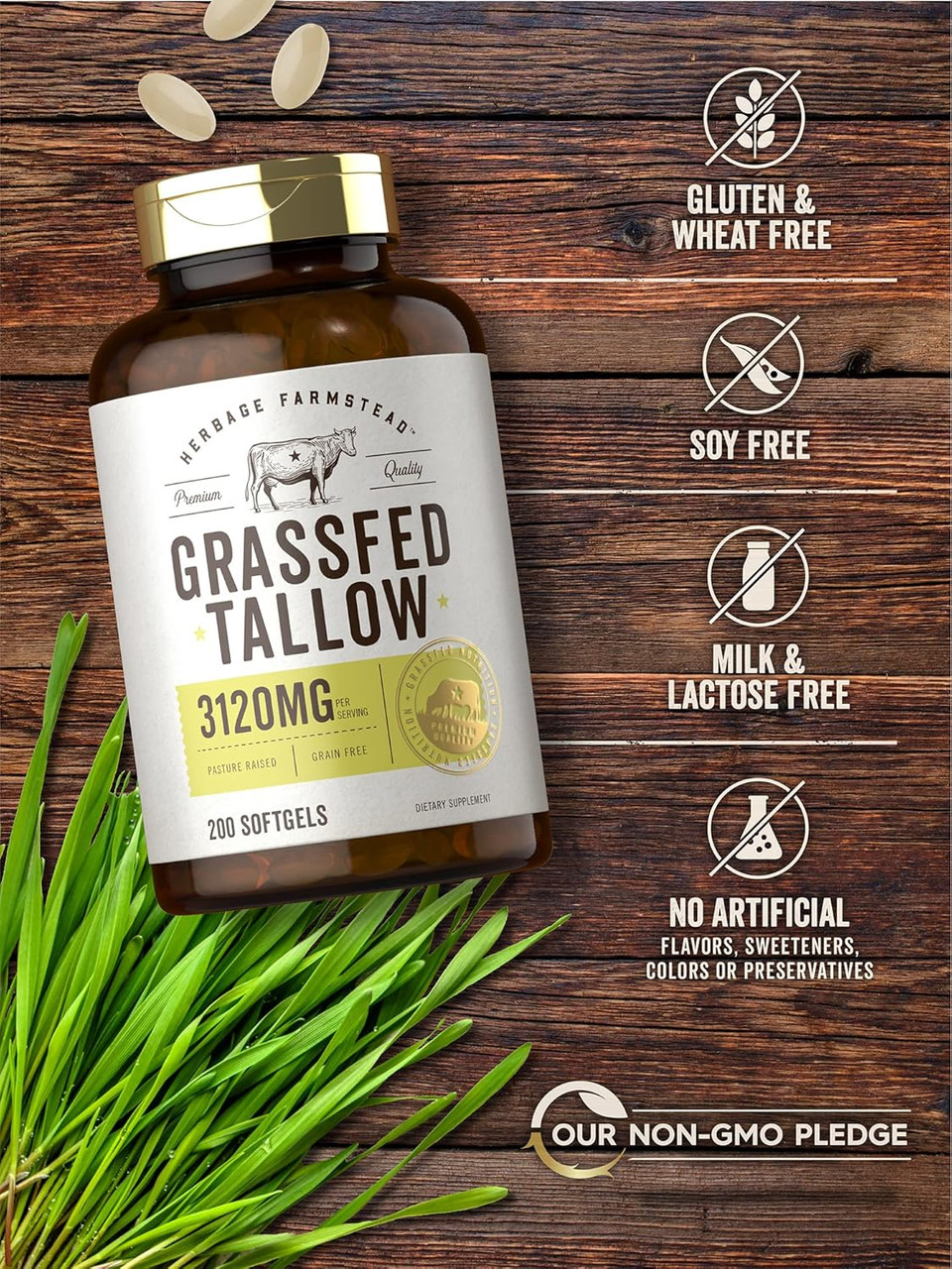 Carlyle Grass Fed Beef Tallow 3120Mg | 200 Softgel Capsules | Pasture Raised Bovine Supplement | Non-Gmo, Gluten Free | By Herbage Farmstead