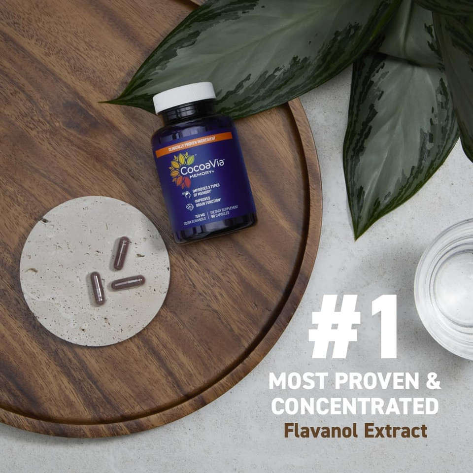 Cocoavia Memory+ Brain Supplement, Clinically Proven Memory And Brain Booster, Plant Based Supplement, Sugar Free, Gluten Free, Vegan, 750 Mg Cocoa Flavanols Capsules, 30 Day Supply