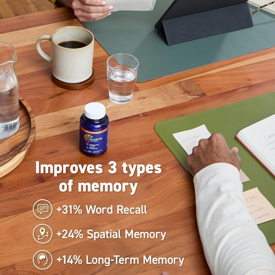 Cocoavia Memory+ Brain Supplement, Clinically Proven Memory And Brain Booster, Plant Based Supplement, Sugar Free, Gluten Free, Vegan, 750 Mg Cocoa Flavanols Capsules, 30 Day Supply