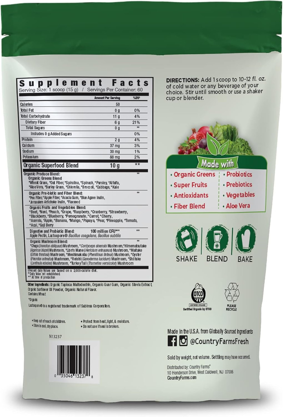 Country Farms Super Greens Natural Flavor, 50 Organic Super Foods, Usda Organic Drink Mix, Fruits, Vegetables, Super Greens, Mushrooms & Probiotics, Supports Energy, 60 Servings, 900G