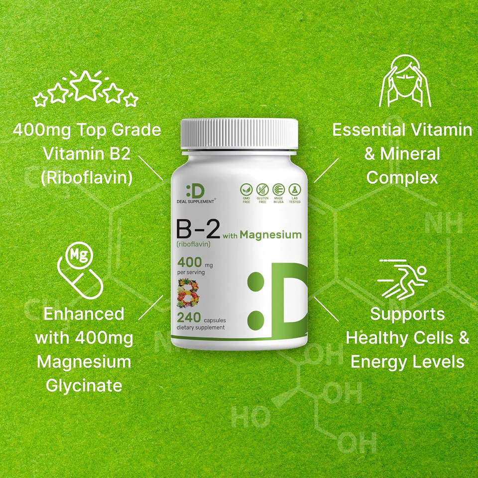 Vitamin B2 Riboflavin 400 Mg, 240 Capsules | Vitamins & Mineral Complex With Magnesium Glycinate Vitamin B2 Riboflavin 400 Mg, 240 Capsules | Vitamins & Mineral Complex With Magnesium Glycinate
