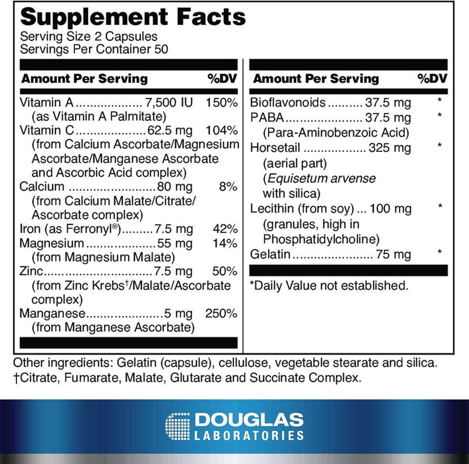 Douglas Laboratories Hair, Skin & Nail Plus | Vitamins, Minerals, And Nutrients Formulated To Support Healthy Hair, Skin, And Nails | 100 Capsules