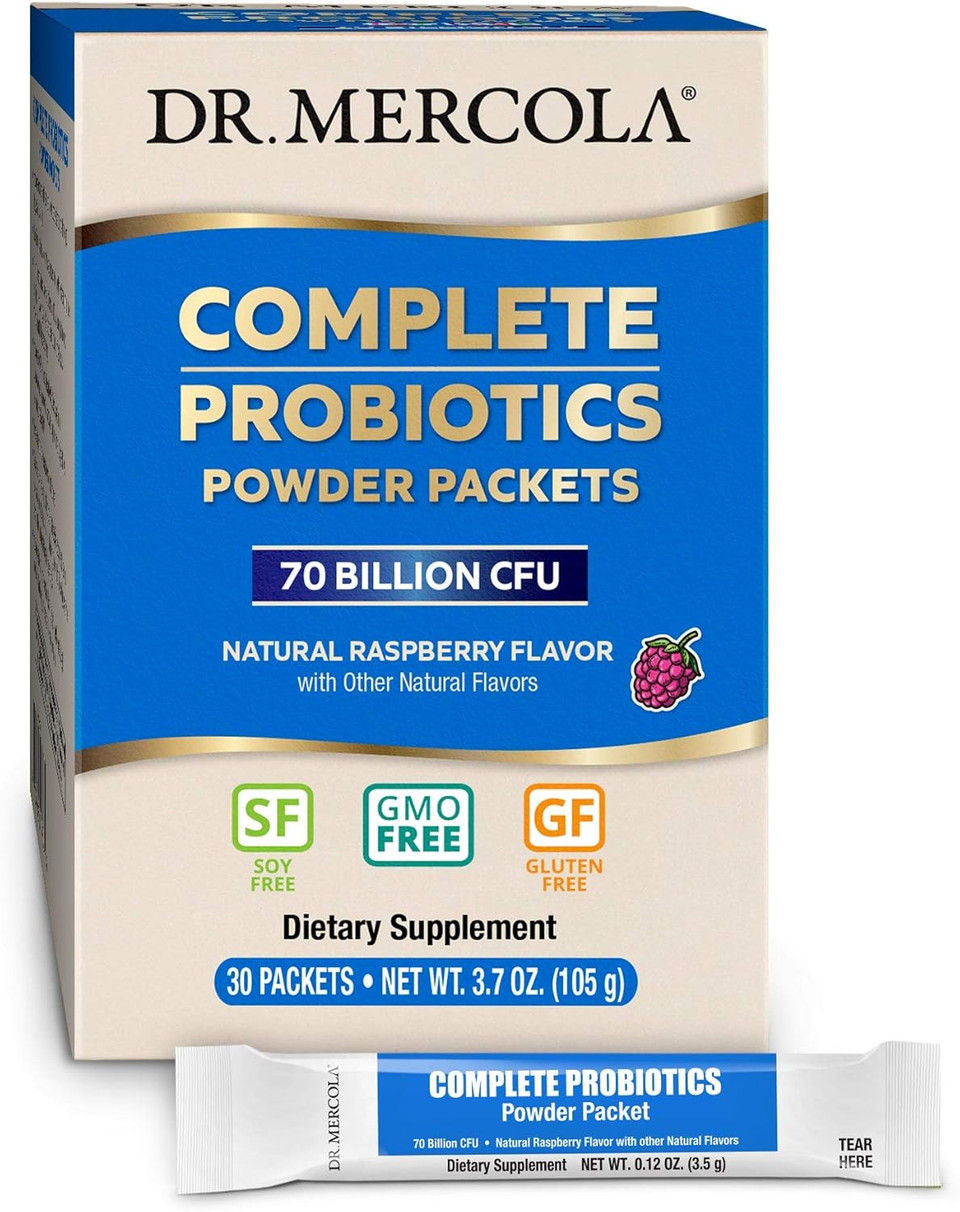 Dr. Mercola Complete Probiotics Powder Packets, 30 Servings (30 Packets), 70 Billion Cfu, Natural Raspberry Flavor, Dietary Supplement, Digestive & Immune Support, Non-Gmo