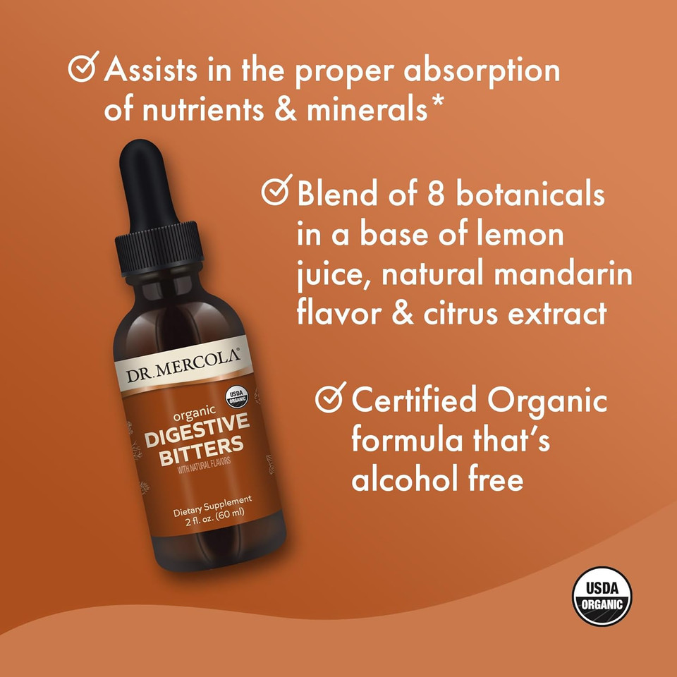 Dr. Mercola Organic Digestive Bitters Liquid Drops, 2 Fl. Oz., 30 Servings, Dietary Supplement, Digestive Support, Non-Gmo, Certified Usda Organic