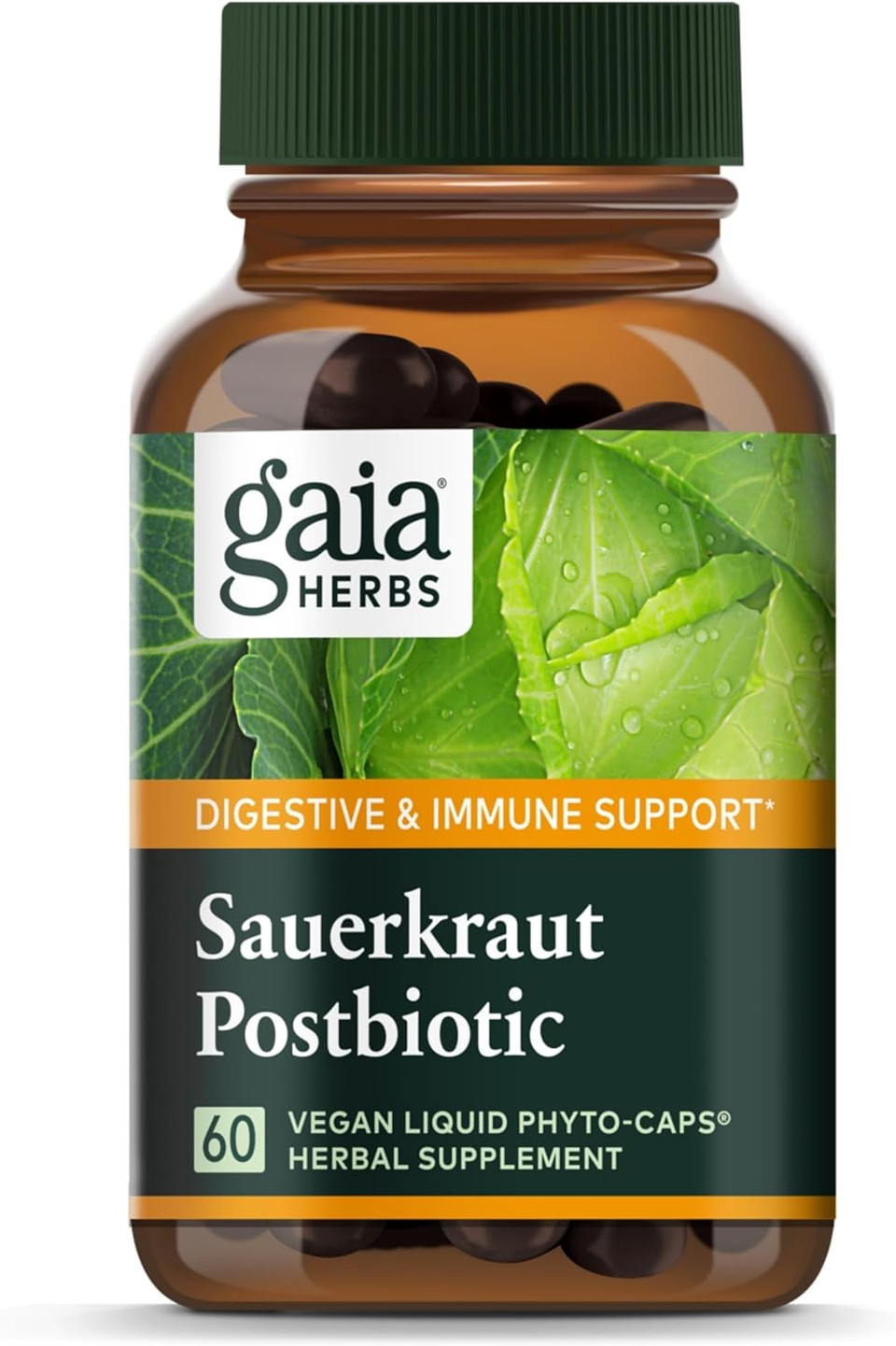Gaia Herbs Sauerkraut Postbiotic - Natural Gut Health & Immune Support Supplement - Made With Fermented Sauerkraut - Free From Dairy, Soy & Gluten - 60 Vegan Capsules (30 Servings)