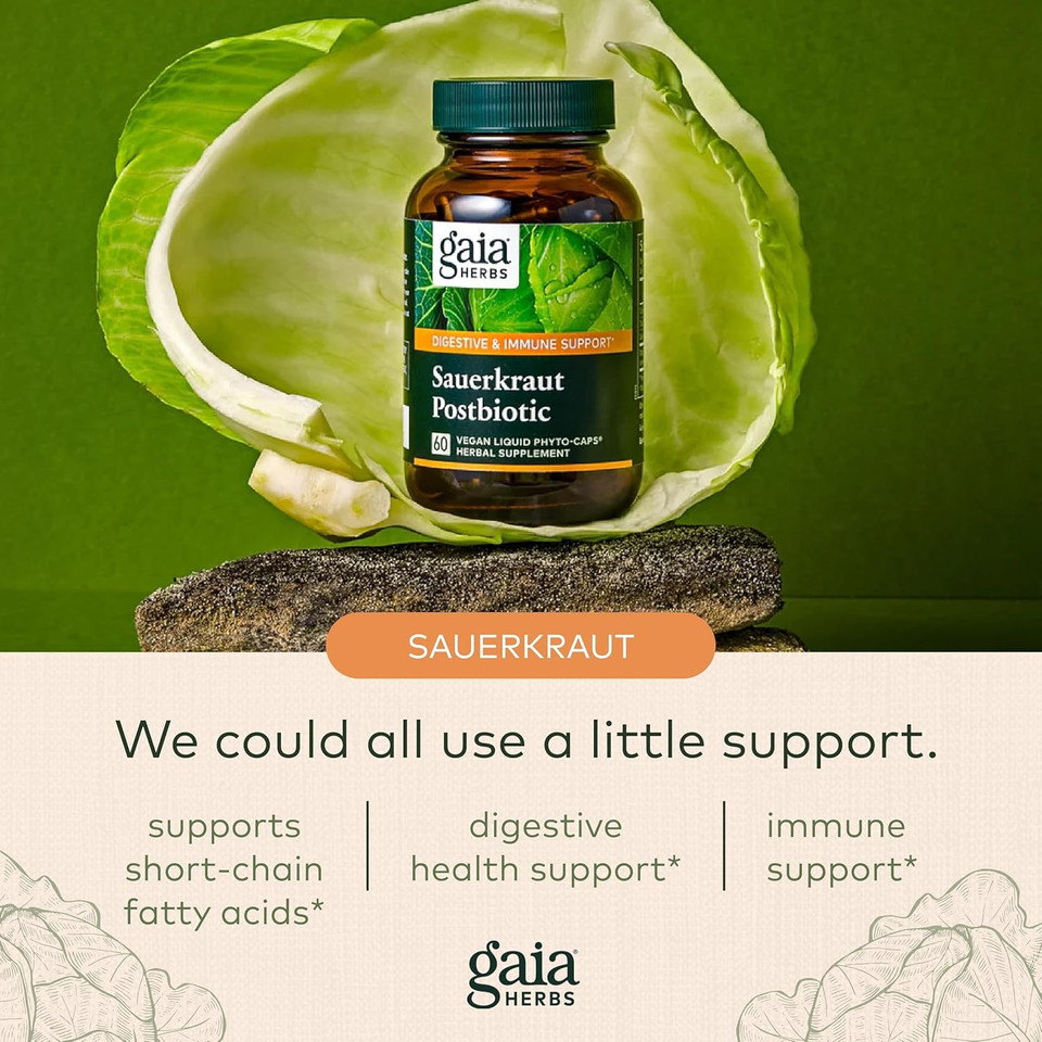 Gaia Herbs Sauerkraut Postbiotic - Natural Gut Health & Immune Support Supplement - Made With Fermented Sauerkraut - Free From Dairy, Soy & Gluten - 60 Vegan Capsules (30 Servings)