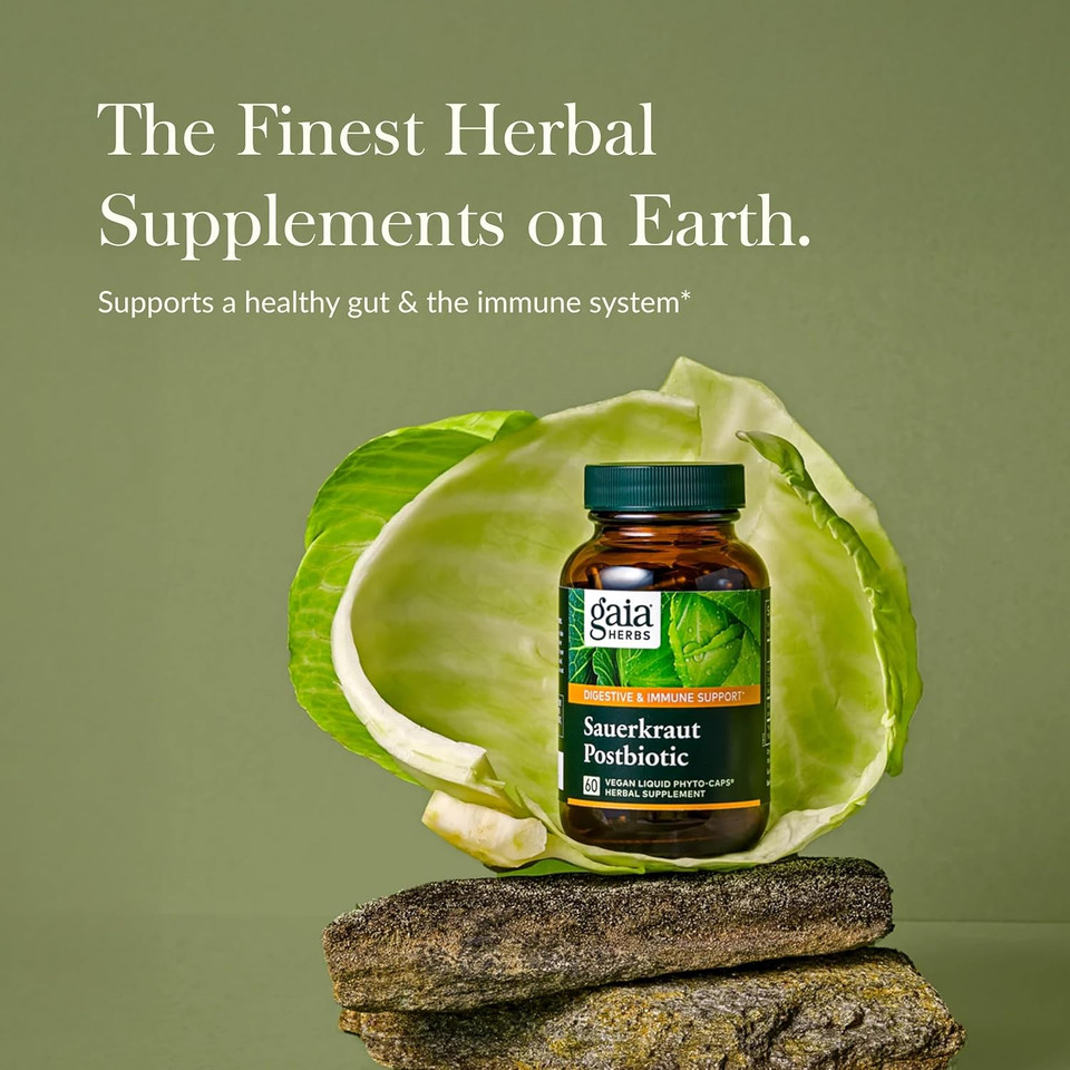 Gaia Herbs Sauerkraut Postbiotic - Natural Gut Health & Immune Support Supplement - Made With Fermented Sauerkraut - Free From Dairy, Soy & Gluten - 60 Vegan Capsules (30 Servings)