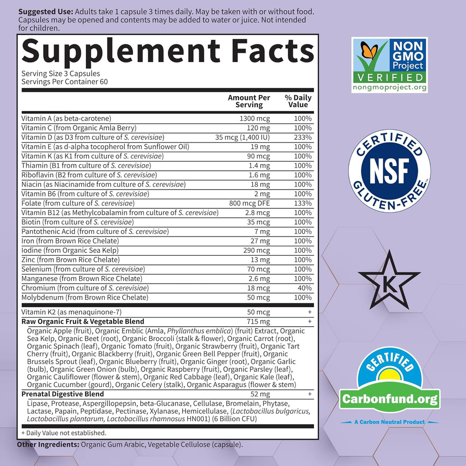 Prenatal Multivitamin For Women From Whole Foods With Biotin, Iron & Folate Not Folic Acid, Probiotics For Immune Support - Vitamin Code Raw By Garden Of Life - Pregnancy Must Haves - 180 Capsules