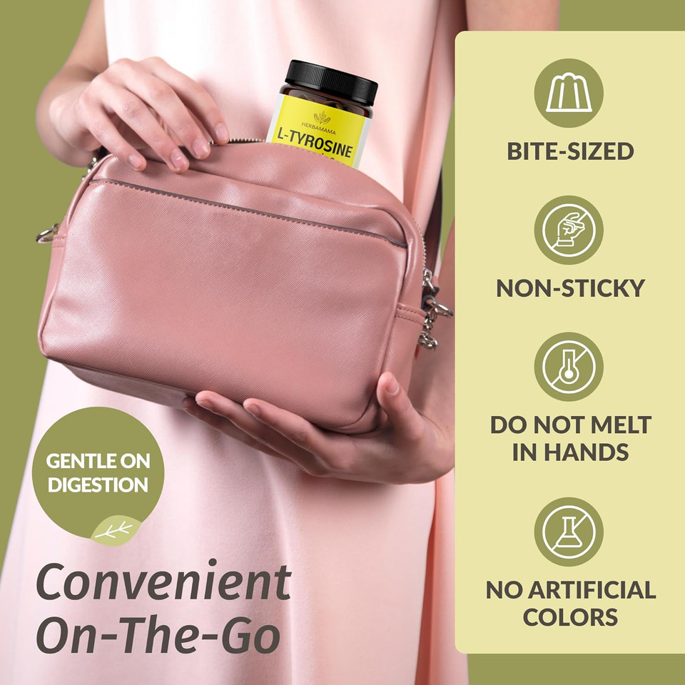 Herbamama L-Tyrosine Focus Gummies - 1000 Mg L-Tyrosine Brain Energy And Focus Supplement - Vegan, Gelatin-Free, Non-Gmo - 90 Mango-Flavored Brain Health Chews