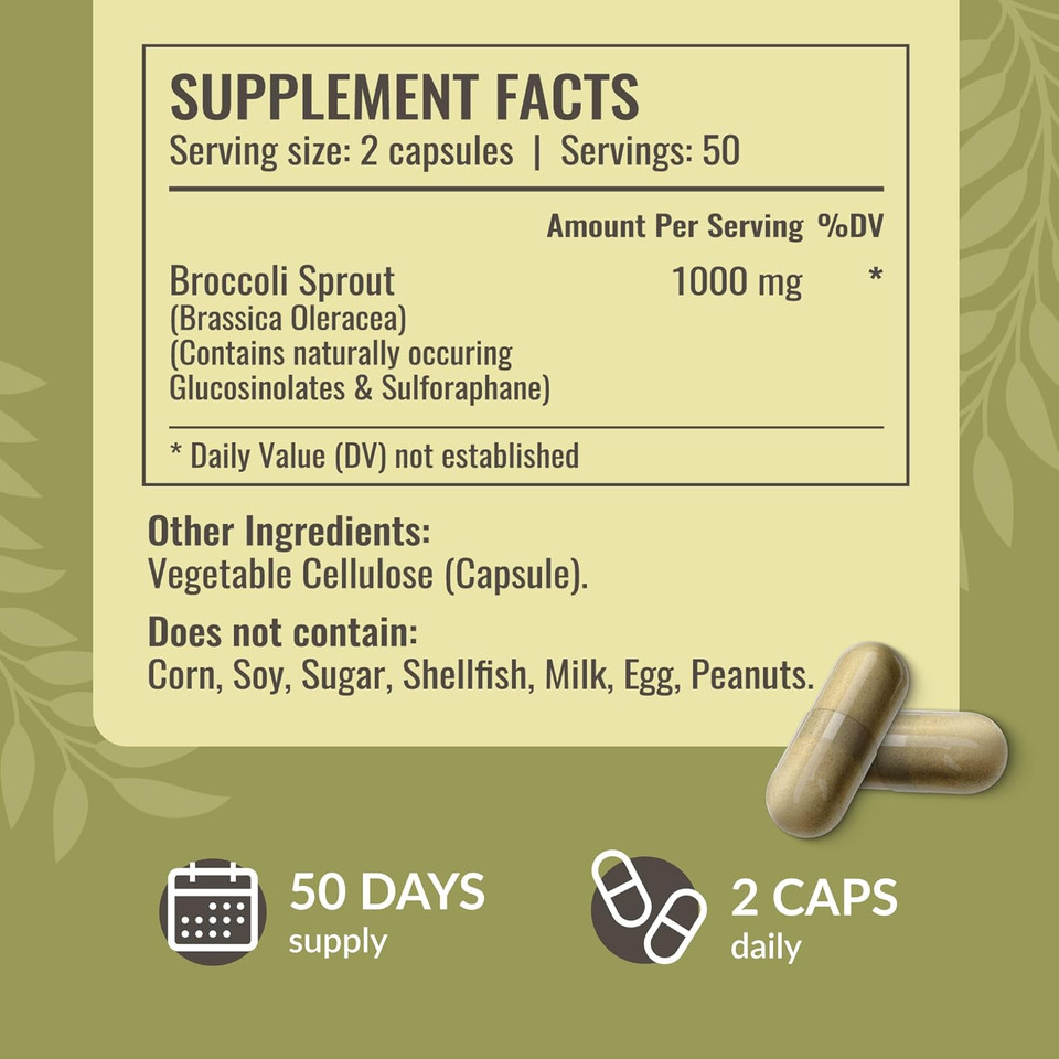 Herbamama Broccoli Sprout Capsules - 1000 Mg Sulforaphane Source Broccoli Capsules - Broccoli Sprout Antioxidant Support Supplement - Vegan, Non-Gmo - 100 Caps