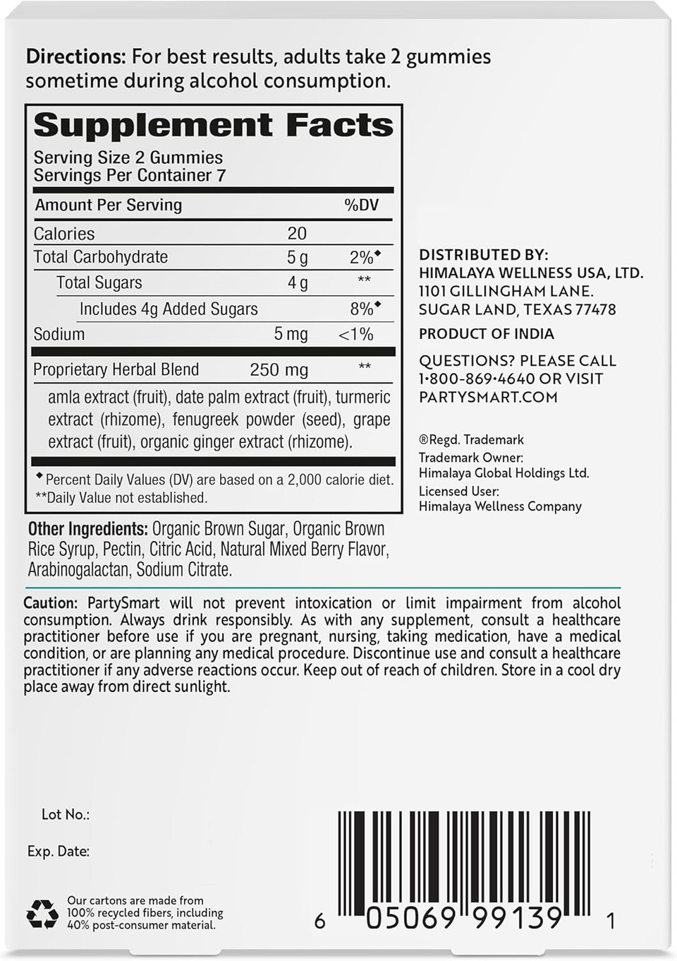Himalaya Partysmart Gummies, 2 Gummies For A Better Morning, Liver Support, Better Morning After Drinking, Plant-Based, Vegan, Gluten Free, No Artificial Colors, 14 Gummies, 250 Mg Per Serving