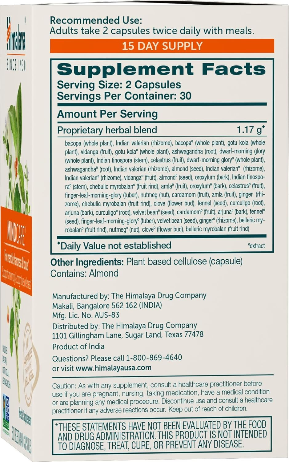 Himalaya Mindcare, Nootropic Brain Supplement Booster For Mental Sharpness, Focus, Memory, And Cognitive Wellness, 1170 Mg, 120 Capsules, 1 Month Supply