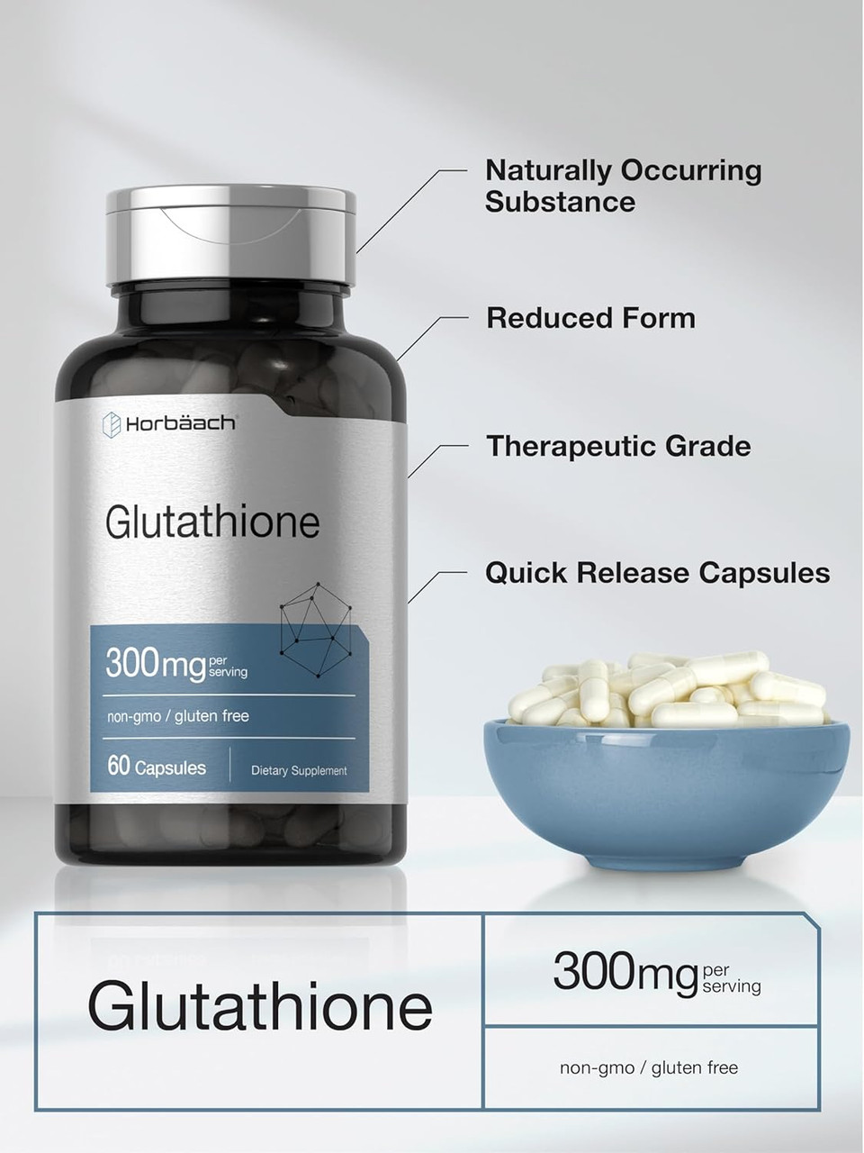 Horbaach Glutathione Supplement | 300Mg | 60 Capsules | Non-Gmo & Gluten Free | Reduced Form