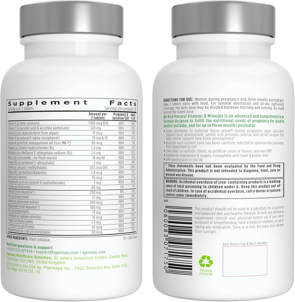 Methylated Prenatal Multivitamin, Folate For Mthfr, High Absorption, Clean Label, Gentle Iron, Choline, Natural Calcium & Magnesium, Vegan Vitamins For Pregnancy, 60 Tablets, By Igennus