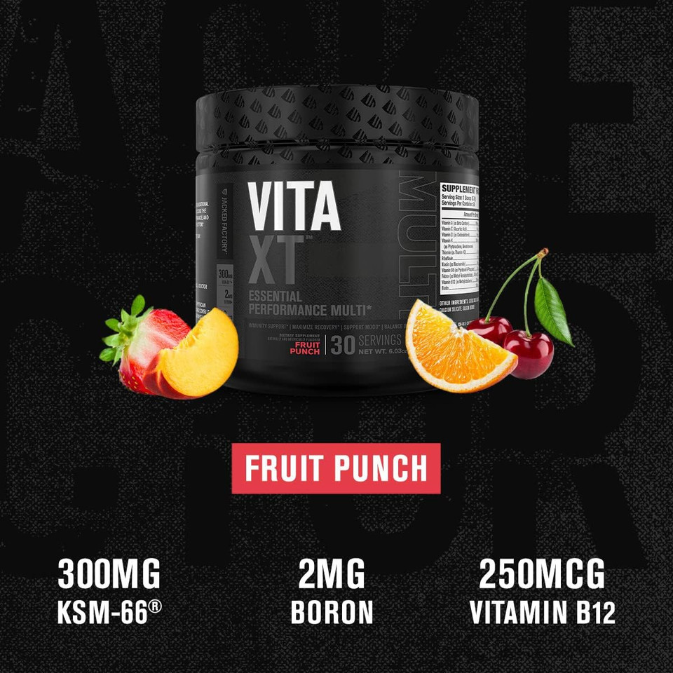 Jacked Factory Vita Xt Performance Vitamin Powder - Daily Multivitamin Powder For Men With Ksm-66 Ashwagandha, Prebiotic Fiber, Vitamin A, C, D, K, B6, B12, & More - Strawberry Lemonade, 30Sv
