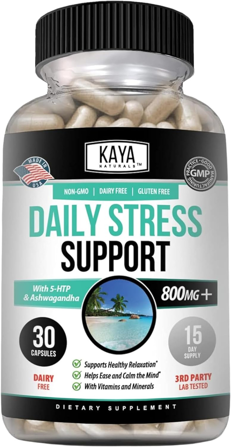 Kaya Naturals - Natural Herbal Stress Relief Support Vitamin Supplement To Relax And Calm The Mind - Boost Mood - Happy Pills - Anxiousness Support - 30 Capsules