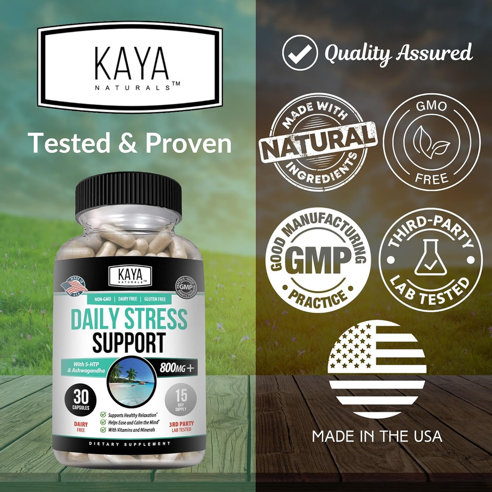 Kaya Naturals - Natural Herbal Stress Relief Support Vitamin Supplement To Relax And Calm The Mind - Boost Mood - Happy Pills - Anxiousness Support - 30 Capsules