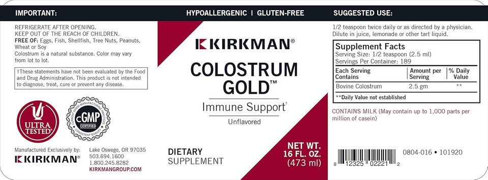 Kirkman Colostrum Gold Immune Support Supplement, 16 Fl Oz, Unflavored Liquid Bovine Colostrum, Supports Muscle, Skin & Cartilage Tissue Growth, Hypoallergenic, Antibiotic & Added Hormone Freeã¢Â