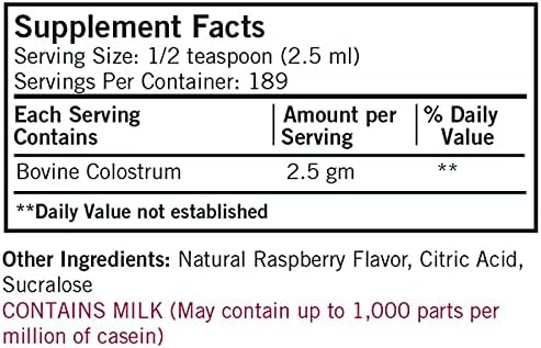 Kirkman Colostrum Gold Immune Support Supplement, 16 Fl Oz, Raspberry Flavored Liquid Bovine Colostrum, Supports Muscle, Skin & Cartilage Tissue Growth, Antibiotic & Added Hormone Freeã¢Â