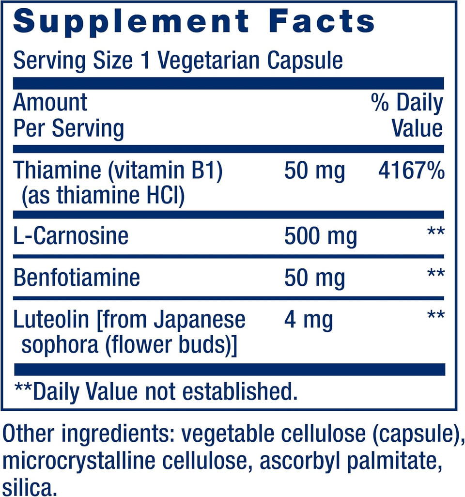 Life Extension Super Carnosine 500Mg - For Muscle Recovery - L-Carnosine Supplement With Benfotiamine, Vitamin B1, Luteolin For Healthy Aging - Non-Gmo, Gluten-Free - 60 Vegetarian Capsules