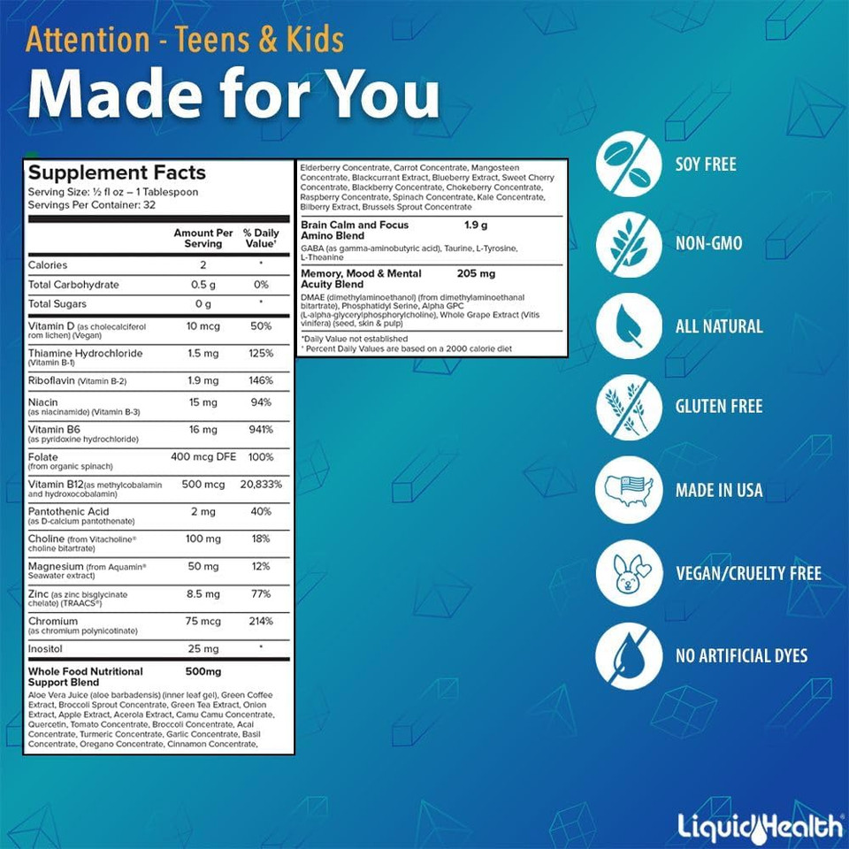 Liquidhealth Attention, Liquid Multivitamin For Kids & Teens - Improves Memory Retention, Concentration, Focus, Mood, Relaxation & Calming - Great Taste, Vegan, Sugar-Free (2 Pack)
