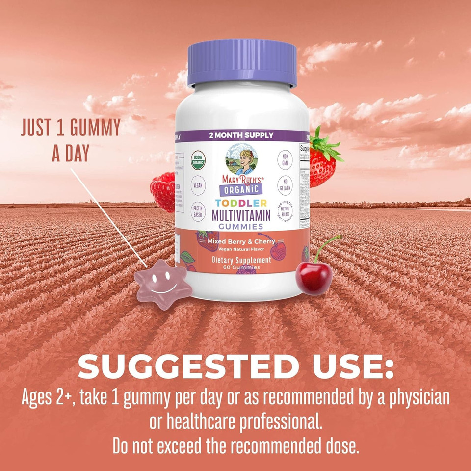 Maryruth Organics Vitamin Gummy | Kids And Toddlers Age 2+ | Usda | Daily Vitamin C | D3 | Zinc | Mixed Berry And Cherry | 2 Month Supply