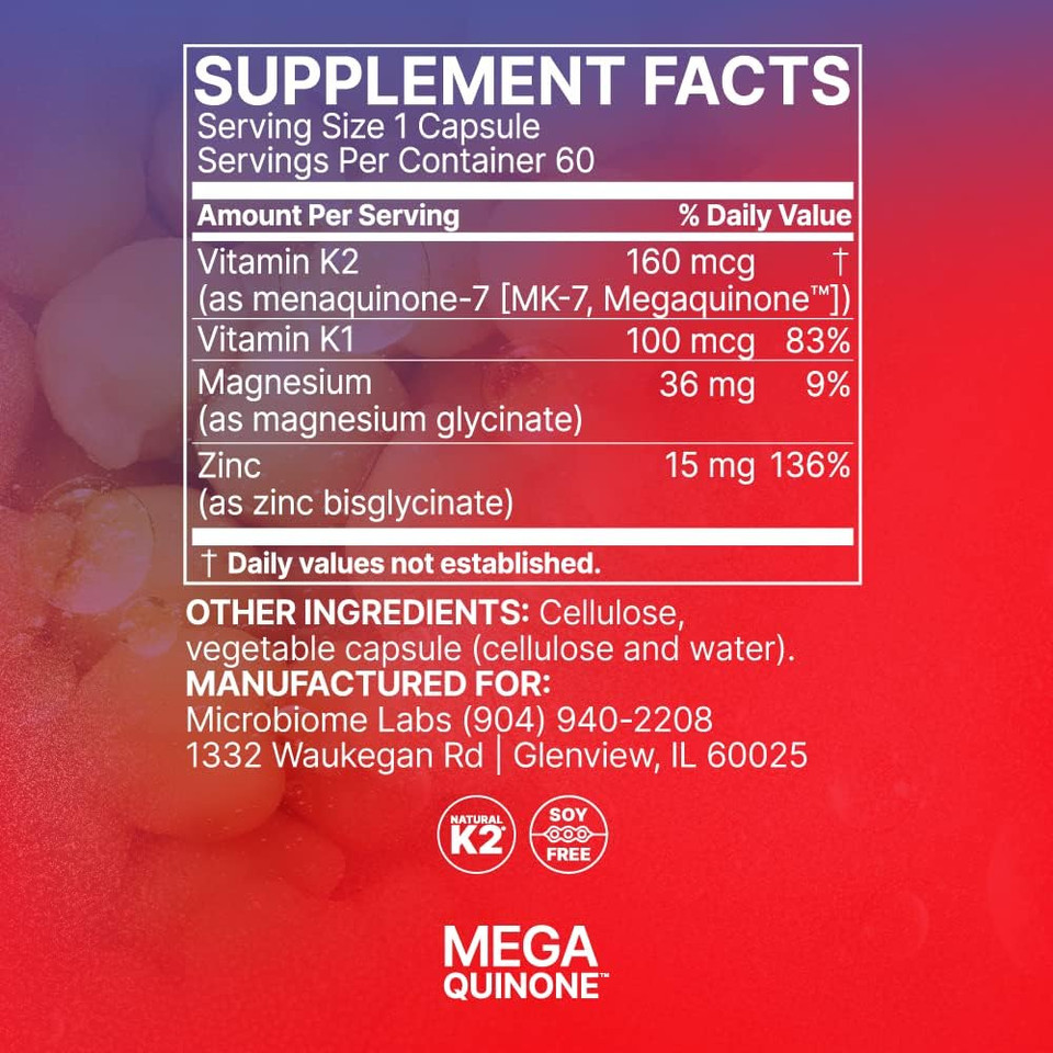 Microbiome Labs Megaquinone - Vitamin K2 For Bone, Nerve, & Heart Health - Contains Magnesium Glycinate + Zinc Bisglycinate For Improved Absorption (60 Capsules)
