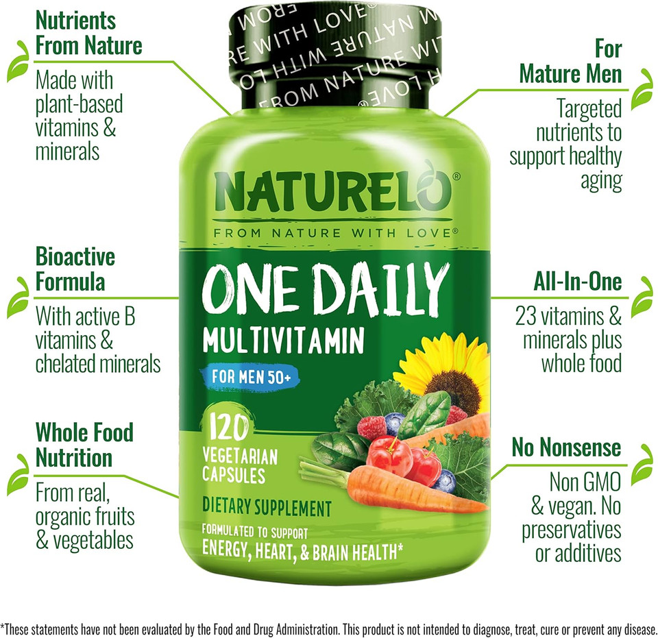 Naturelo Mens Multivitamins For Men 50+ - One Daily Multivitamin For Men With Vitamins, Minerals & Organic Whole Foods, Boost Energy & Health, Non-Gmo, 120 Vegetarian Capsules