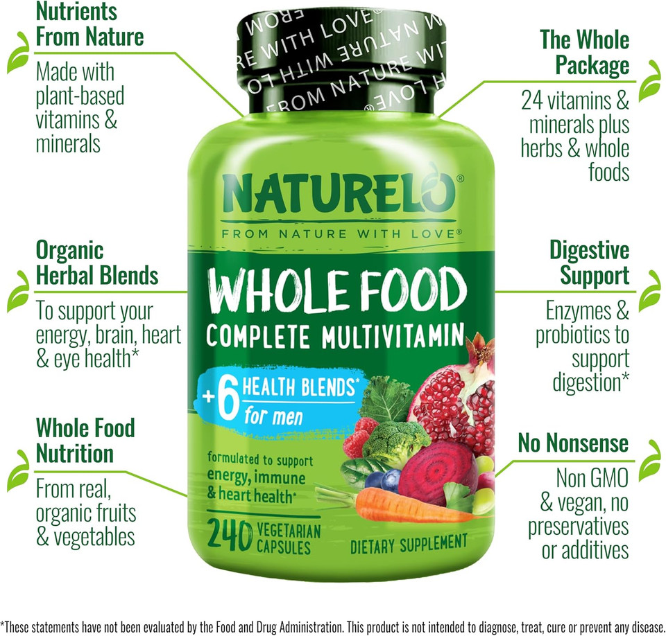 Naturelo Mens Multivitamins - Whole Food Multivitamin For Men With Vitamins, Minerals - 240 Vegetarian Capsules For Energy, Brain, Heart, Eye Health