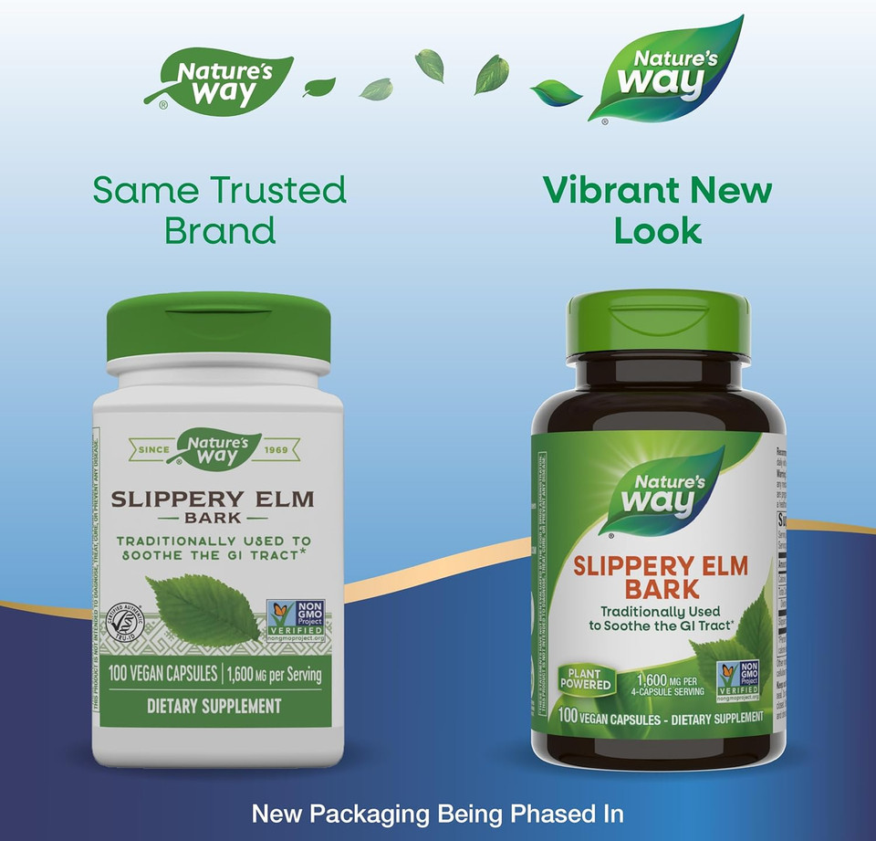 Nature'S Way Slippery Elm Bark, Traditional Support To Soothe The Gi Tract*, Vegan, 100 Capsules (Packaging May Vary)