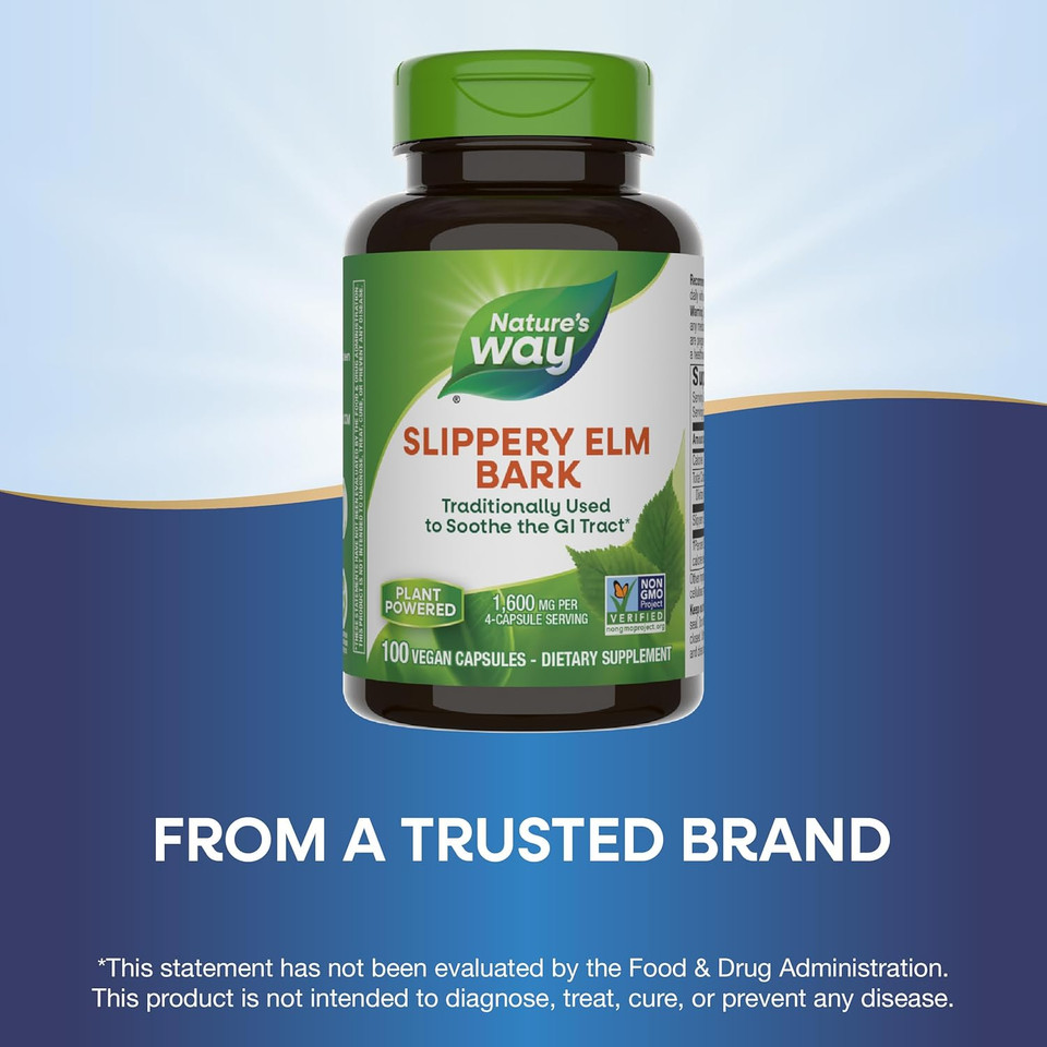 Nature'S Way Slippery Elm Bark, Traditional Support To Soothe The Gi Tract*, Vegan, 100 Capsules (Packaging May Vary)