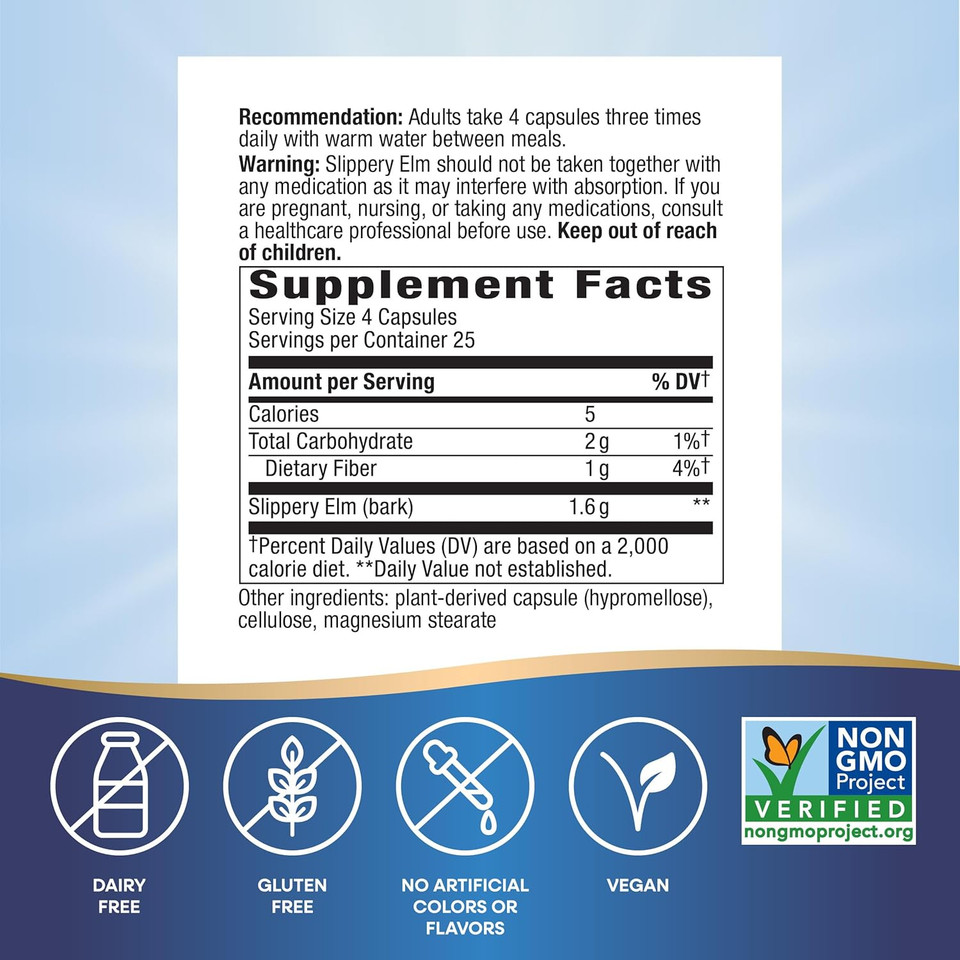 Nature'S Way Slippery Elm Bark, Traditional Support To Soothe The Gi Tract*, Vegan, 100 Capsules (Packaging May Vary)