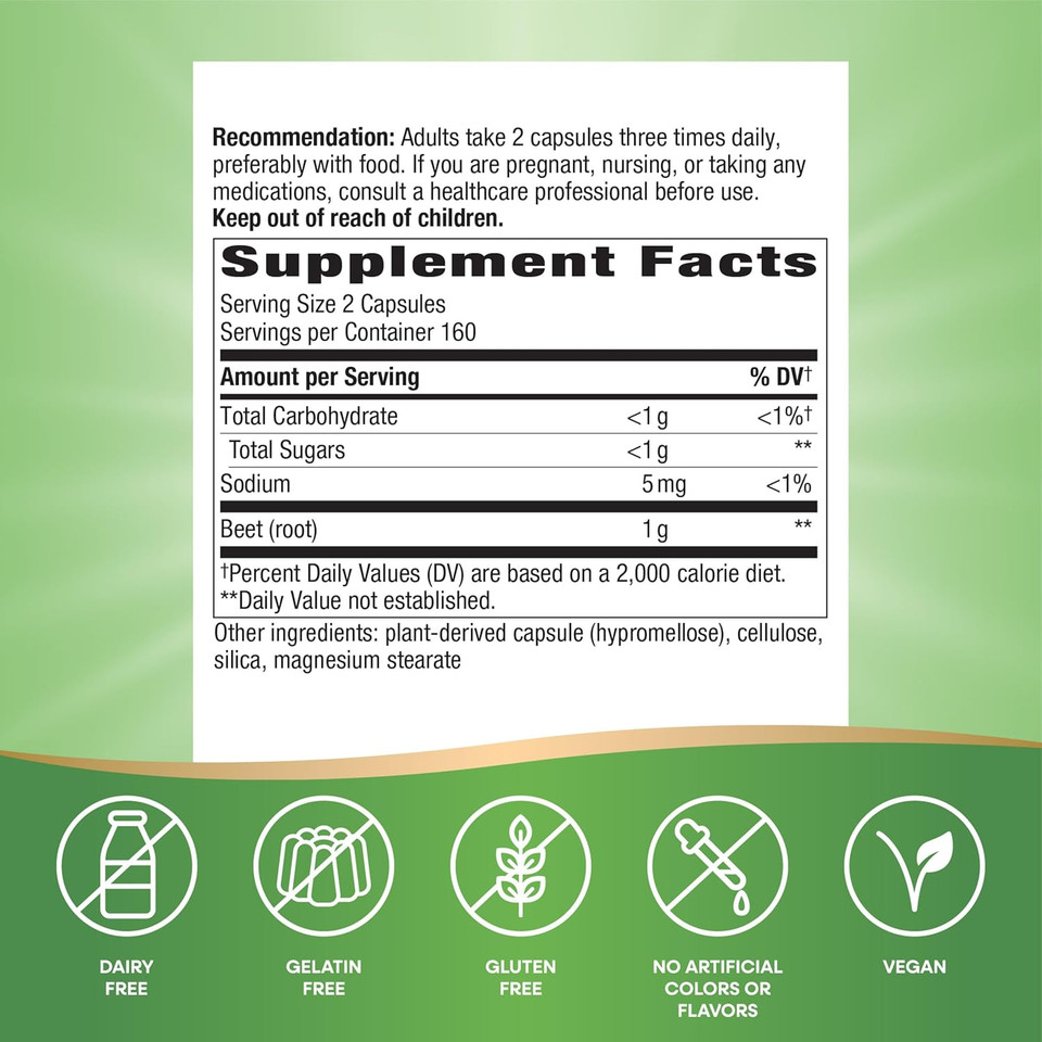 Nature'S Way Beet Root, Supports Antioxidant Pathways*, Helps Neutralize Free Radicals*, 1,000 Mg Per 2-Capsule Serving, Vegan, 320 Capsules (Packaging May Vary)