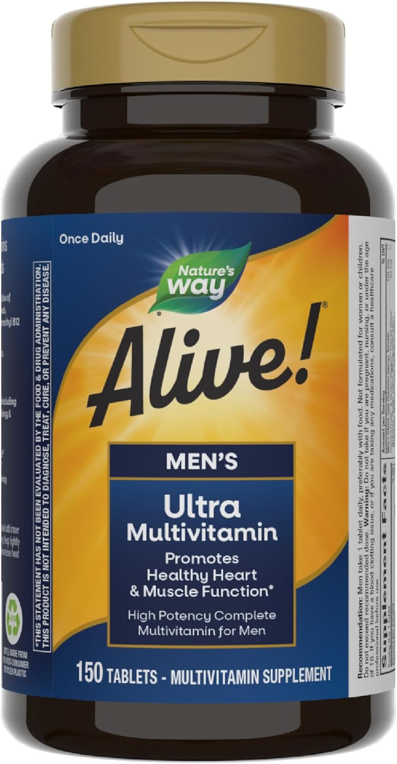 Nature'S Way Alive! Men'S Daily Ultra Multivitamin, Promotes Healthy Heart & Muscle Function*, With B-Vitamins Including Methylated B12, Gluten Free, 150 Tablets (Packaging May Vary)