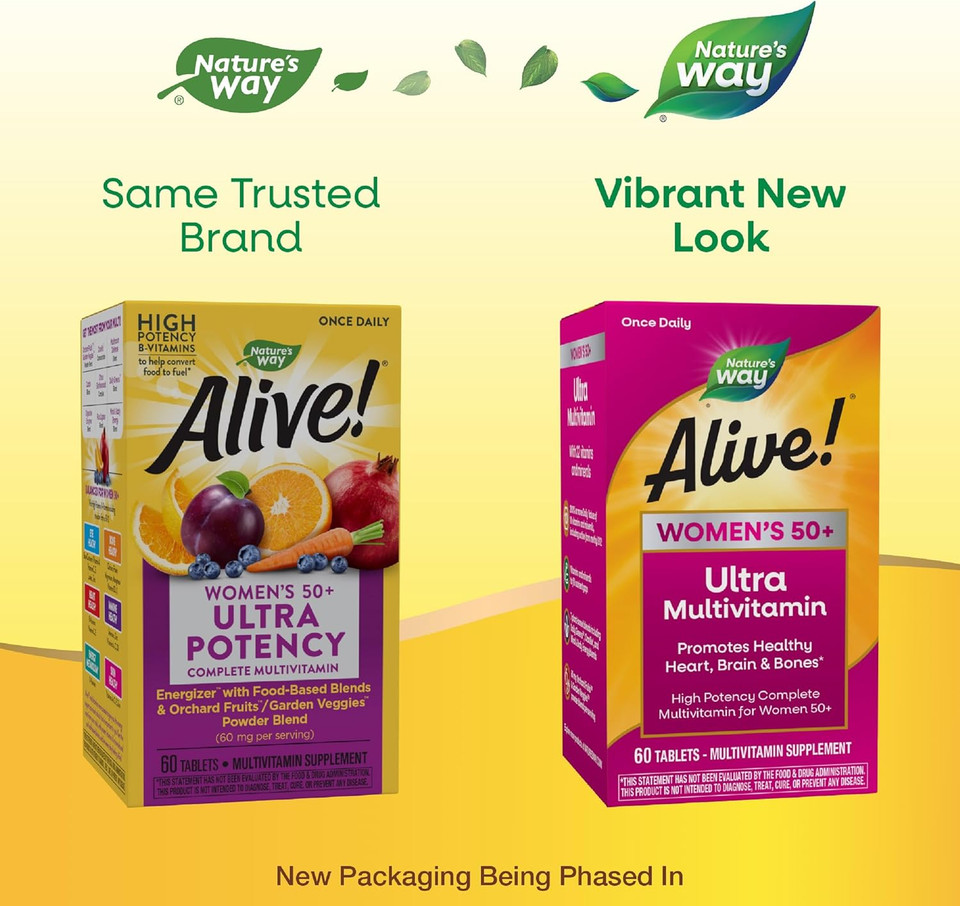 Natureã¢ÂS Way Alive! Womenã¢ÂS 50+ Ultra Potency Complete Multivitamin, High Potency Formula, Promotes Healthy Heart, Brain, Bones*, With Methylated B12, Gluten-Free, 60 Tablets (Packaging May Vary)