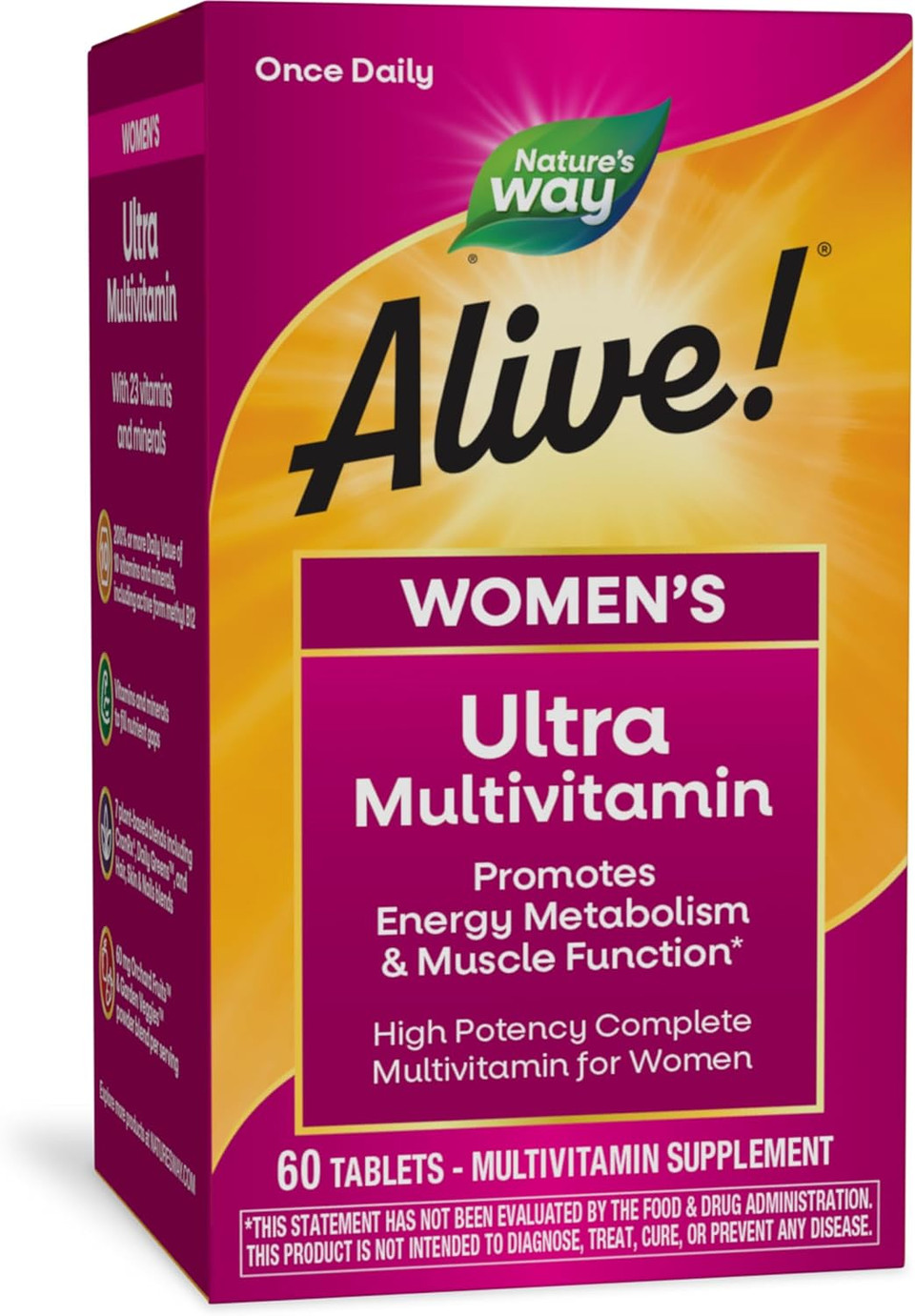 Nature'S Way Alive! Women'S Daily Ultra Multivitamin, High Potency Formula, Promotes Energy Metabolism And Muscle Function*, With Methylated B12, 60 Tablets (Packaging May Vary)