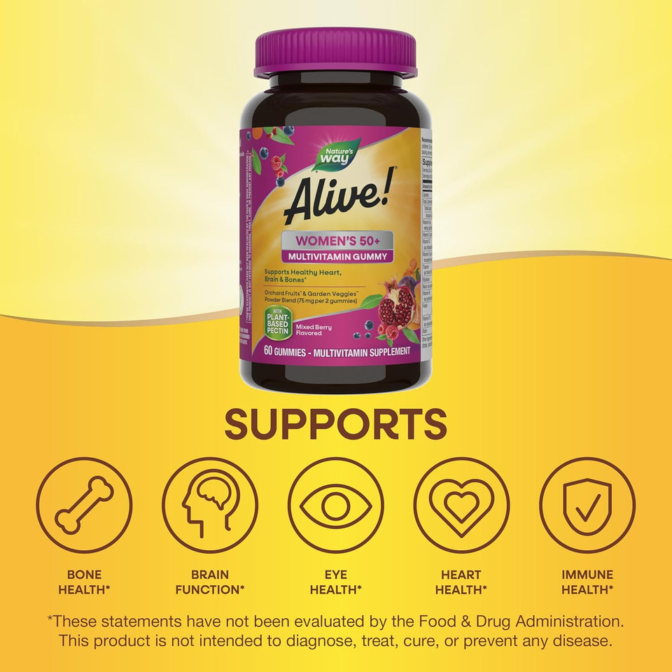 Nature'S Way Alive! Womenã¢ÂS 50+ Gummy Multivitamin, Supports Multiple Body Systems*, Supports Healthy Heart, Brain & Bones*, B-Vitamins, Mixed Berry Flavored, 60 Gummies (Packaging May Vary)