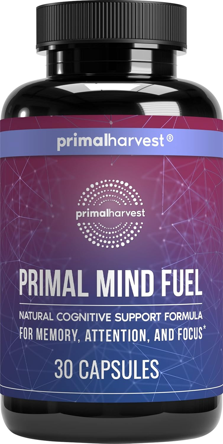 Brain Supplement By Primal Harvest, Primal Mind Fuel Brain Booster For Focus, Energy, Clarity, And Brain Health 30 Capsules Nootropics Brain Support Supplement For Men And Women