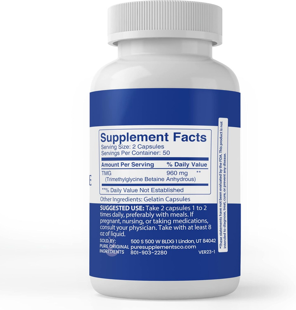 Pure Original Ingredients Tmg Trimethylglycine (Betaine Anhydrous), (100 Capsules) Always Pure, No Additives Or Fillers, Lab Verified
