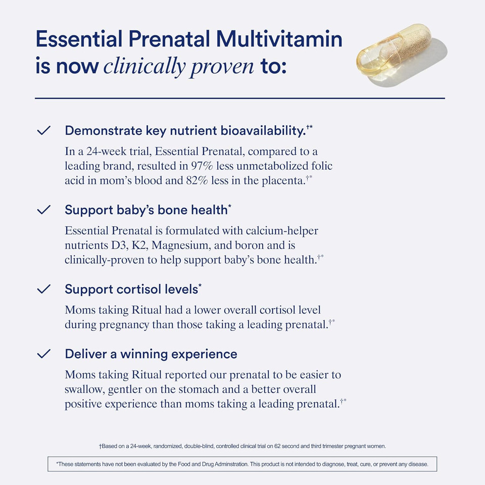 Ritual Essential For Women Prenatal Multivitamin: Folate & Choline For Neural Tube Support, Omega-3 Dha For Fetal Brain Development, Iron, Calcium-Helper D3 & K2, Non-Gmo, Vegan, Mint, 30 Days