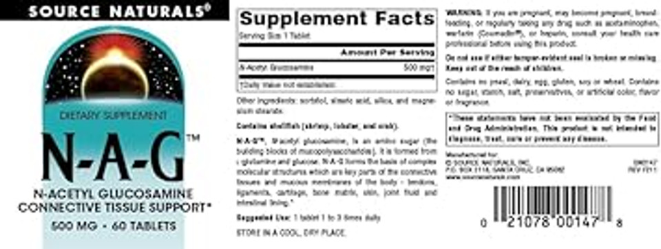 Source Naturals N-A-G N-Acetyl Glucosamine For Joint Support And Intestinal Lining* - 500 Mg - 60 Tablets