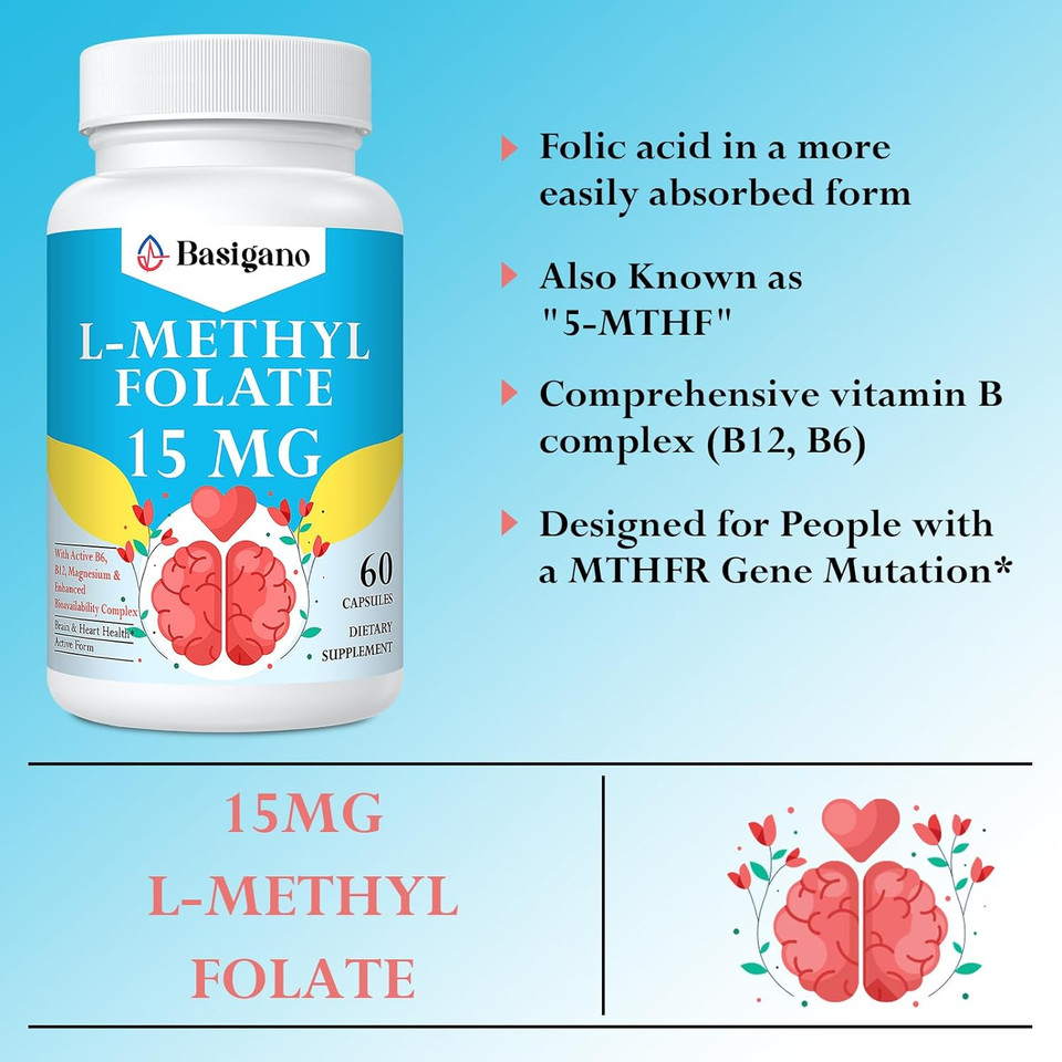 15Mg L Methylfolate (5-Mthf)- Active Folic Acid-Enriched With Vitamins B6 And B12-60 Vegetarian Capsules - Non-Gmo, Gluten-Free